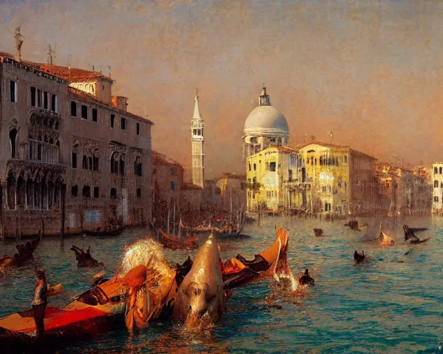 Prompt: dolphins swimming and jumping in venice, painting by gaston bussiere, craig mullins