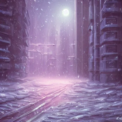 Image similar to mystic winter landscape, cyberpunk atmosphere, pastel colors