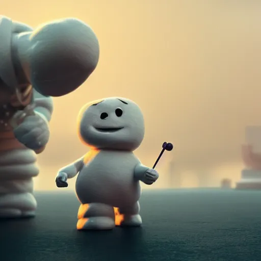 Image similar to cute marshmallow man's movie shot from the pixar movie, detailed, depth of field, High definition, 8k, depth of field, octane render, artstation