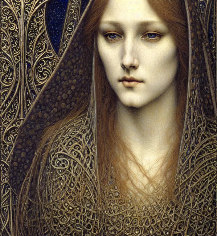 Image similar to detailed realistic beautiful young medieval queen face portrait by jean delville, gustave dore and marco mazzoni, art nouveau, symbolist, visionary, gothic, pre - raphaelite. horizontal symmetry