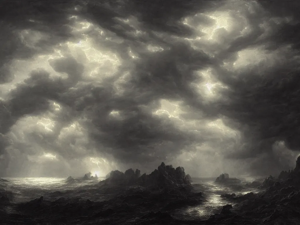 Prompt: very detailed, dark super storm, hyper realistic clouds that resemble rock formations, impressive, magical, very atmospheric, fog, cinematic, deep, very high complexity, stunning, dramatic masterpiece, iridescent, chiaroscuro, by gustave dore, caspar david friedrich, ian miller, very detailed. 4 k