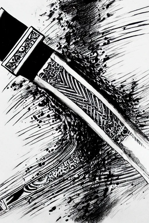 Image similar to intricate, realistic ink drawing of a katana sword in a splash of ink, centered, fully visible 8 k