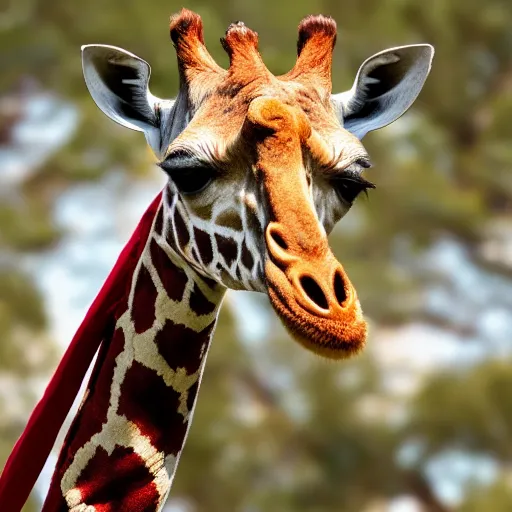 Image similar to national geographic photo of a giraffe wearing a red tie on its neck