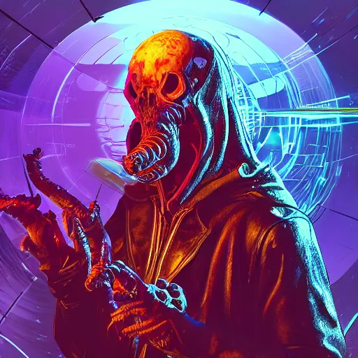 Image similar to cyberpunk undead lich ilithid mindflayer playing synthesizers, honeycomb background, D&D, laser show, highly detailed, realistic, technology and magic,