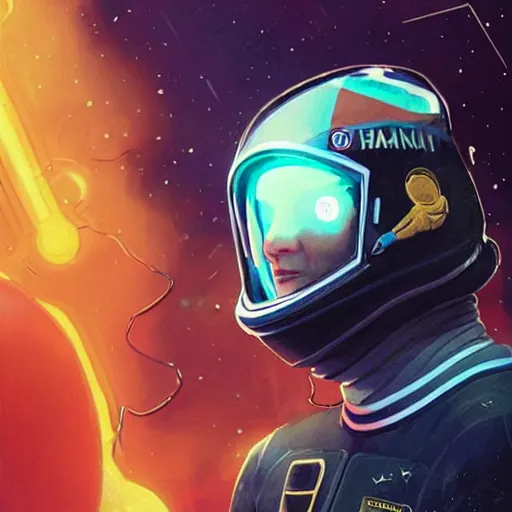 Prompt: an attractive and young and beautiful and female cosmonaut with a shiny black helmet and suit with geometric symbols staring at the camera with a gold layer and neon red trim and white trim and blue trim and purple trim and green trim and orange trim and planet and stars background by Greg Rutkowski and John Collier and Krenz Cushart and Artem Demura and Alphonse Mucha and Albert Aublet, as seen on ArtStation,a very high quality very detailed ink fine line illustration,4k