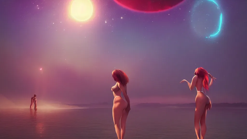 Image similar to beautiful seductive women standing in a lake reaching for the stars, underneath a multi-colored binary blackhole with an accretion disc, by Lois van Baarle, by Greg Rutkowski, by artgerm, by beeple, volumetric lighting, 4k resolution, octane render, trending on artstation