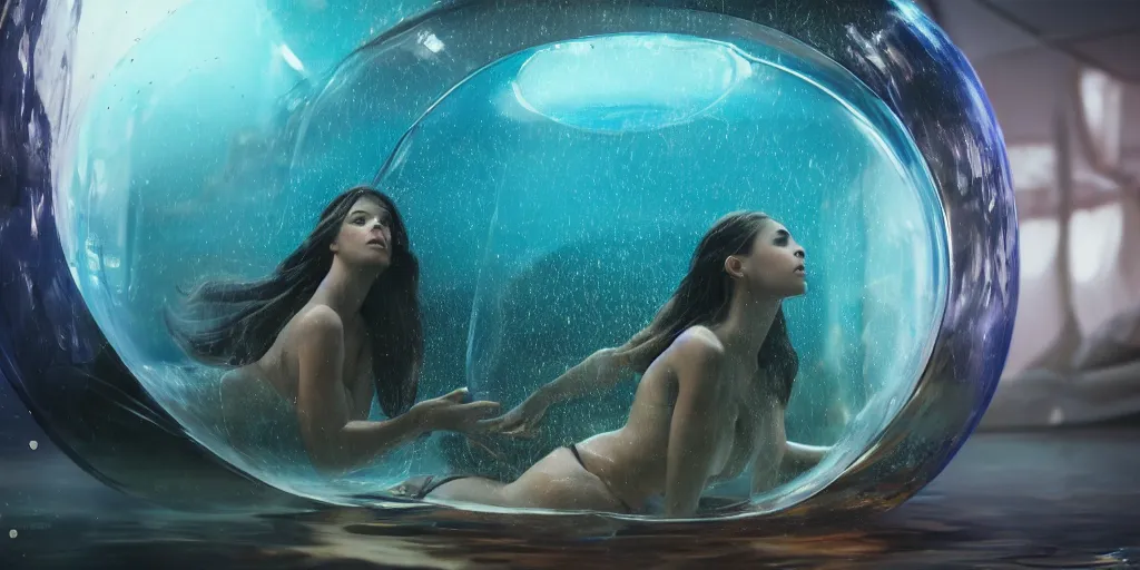 Image similar to a beautiful woman wearing plastic armor swimming inside a bubble in an alien ocean, 1 6 k, photorealistic, cinematic composition, movie concept art, cinematic composition 8 k, intricate detail, high detail, hd, octane render, unreal engine, v - ray, cinematic lighting, octane, volumetric lighting, dark moody lighting, atmosphere, coral reef background, matte painting, extreme long shot