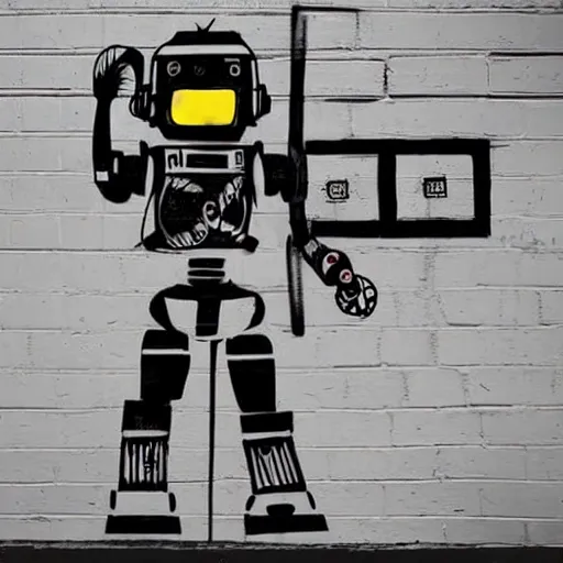 Image similar to chappie robot color graffiti, black and white zef design graffiti covering the wall behind, dark lighting, digital art