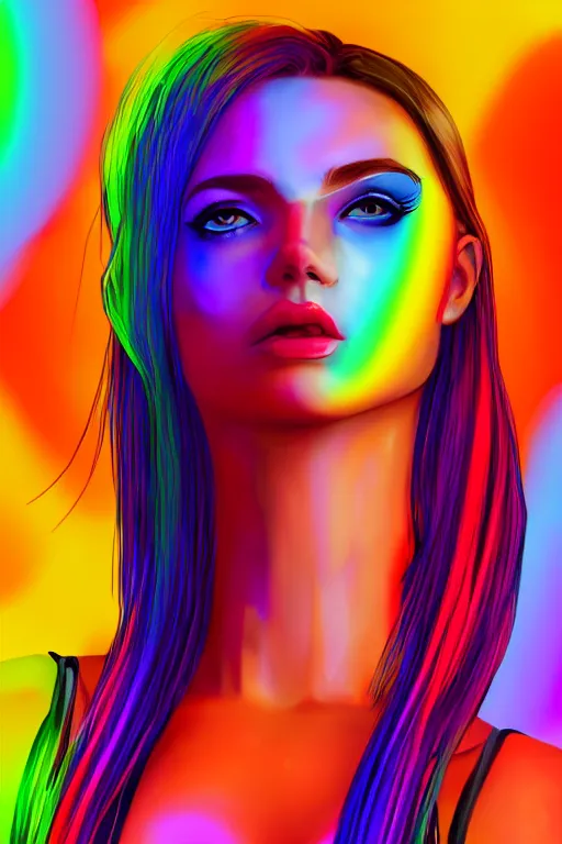 Image similar to a award winning half body portrait of a beautiful woman with stunning eyes in a croptop and cargo pants with rainbow colored ombre hairstyle head in motion and hair flying by thomas danthony, surrounded by whirling illuminated neon lines, outrun, vaporware, shaded flat illustration, digital art, trending on artstation, highly detailed, fine detail, intricate