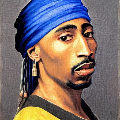 Image similar to A tronie painting of Tupac Shakur with the pearl earring by Johannes Vermeer. Tupac