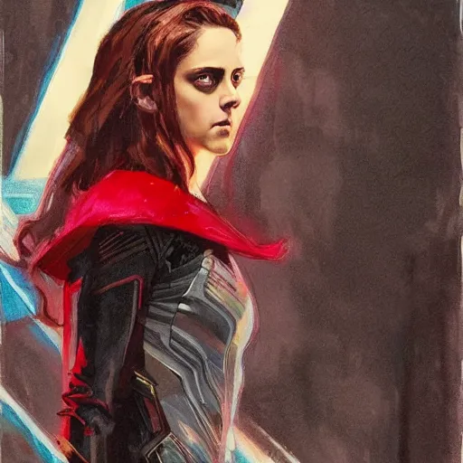 Image similar to alison brie as kristen stewart playing the scarlet witch wearing the iron man armor, intricate, elegant, highly detailed, greg manchess, mucha, liepke, ruan jia, jeffrey catherine jones, ridley scott