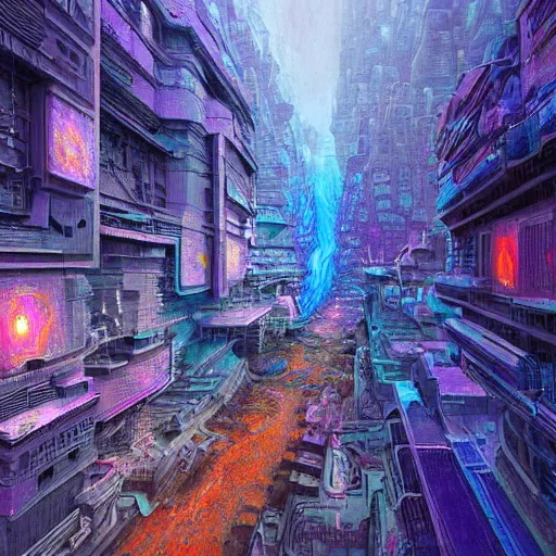 Image similar to Hyperdetailed render of A beautiful painting of Fractal abstract painting of psychedelic cyberpunk city in blue-purple-orange color scheme in I can't believe how detailed this is. by greg rutkowski, Trending on artstation Taro card, cubism brutalism architecture, Lava Canyons, magma burst, little crystals everywhere