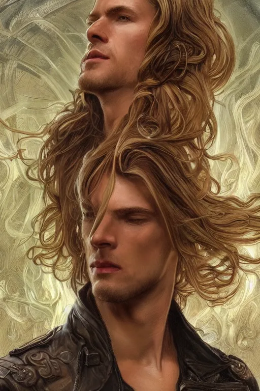 Image similar to portrait of a blonde herculian man in a leather - jacket, flowing hair, forest, full body, muscular, fantasy, intricate, elegant, highly detailed, digital painting, artstation, concept art, sharp focus, illustration, art by artgerm and greg rutkowski and alphonse mucha