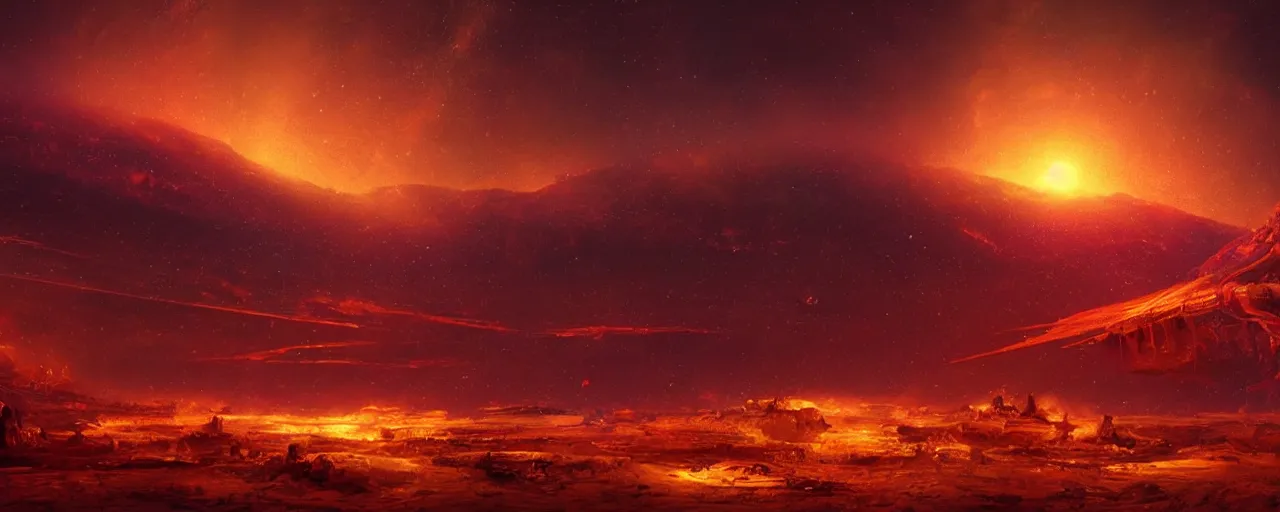Prompt: ” barren fiery landscape at night, [ cosmic, cinematic, detailed, epic, widescreen, opening, establishing, mattepainting, photorealistic, realistic textures, octane render, art by slop and paul lehr ] ”