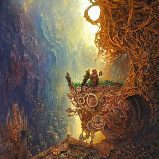 Prompt: Awe-inspiring, dreamlike, interpretation of the Philosopher\'s Stone, gorgeous, colorful, , insanely detailed and intricate, 3D oil painting, mystical and dreamlike, volumetric lightrays, ornate, mysterious engravings, magical atmosphere, hyperrealistic, award-winning collaboration by Marc Simonetti and Andreas Rocha,