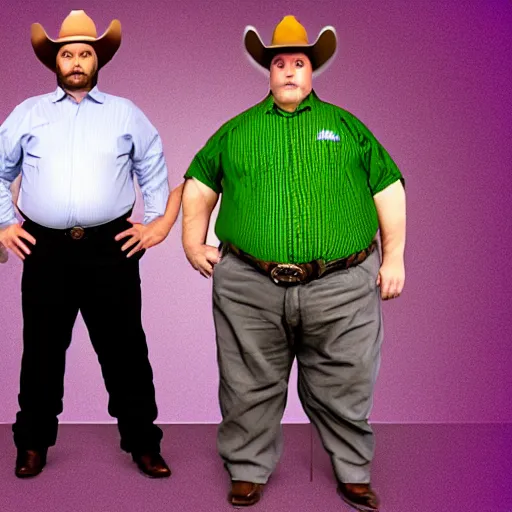 Image similar to morbidly obese 2000kilo snake oil salesman wearing authentic purple green sip tech cowboy augmentation standing in front of blank background