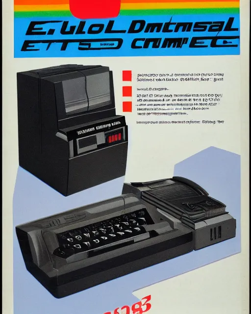 Prompt: full - color 1 9 8 3 magazine advertisement for a retro - futuristic cartridge - based computer with an external floppy - disk driver. cassette - futurism ; cassette - punk ; retrofuturism.