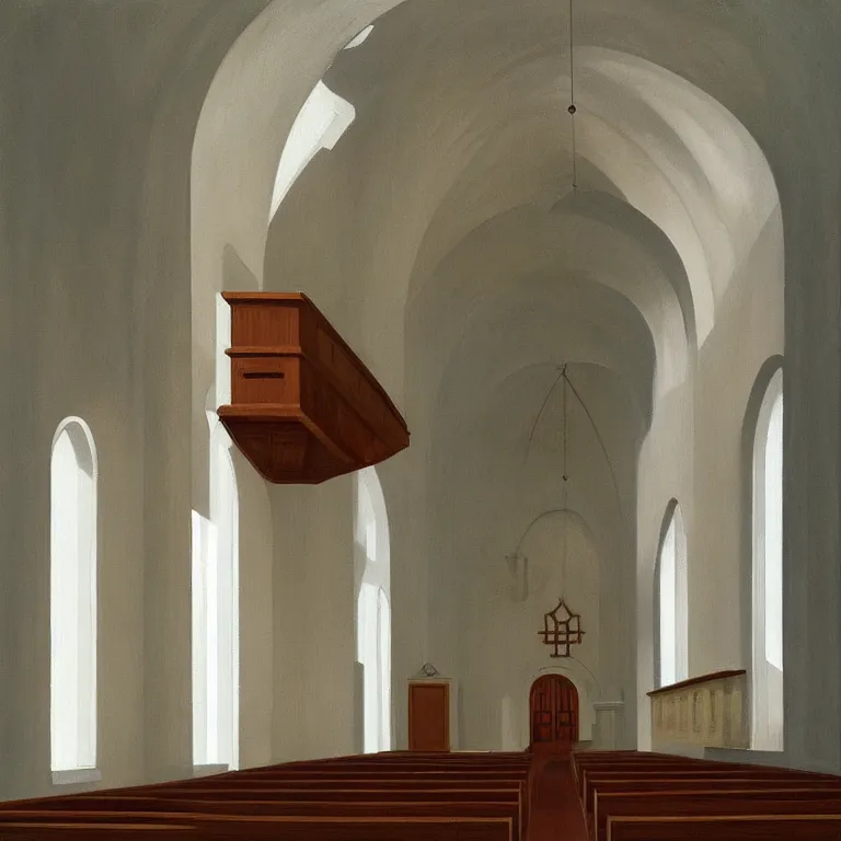 Image similar to empty church interior, painted by Edward Hopper, painted by James Gilleard, airbrush