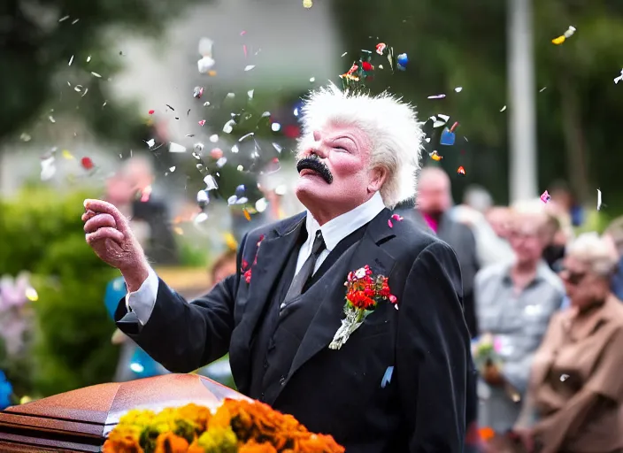 Image similar to photo still of rip taylor at a funeral service outside!!!!!!!! at age 5 4 years old 5 4 years of age!!!!!!! throwing confetti from a bucket, 8 k, 8 5 mm f 1. 8, studio lighting, rim light, right side key light