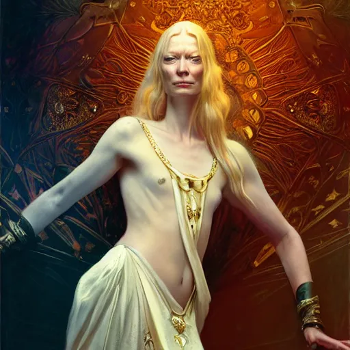 Prompt: young adult tilda swinton as lucifer morningstar, ornate long blond hair, whole body, natural lighting, path traced, highly detailed, high quality, digital painting, by gaston bussiere, craig mullins, alphonse mucha j. c. leyendecker