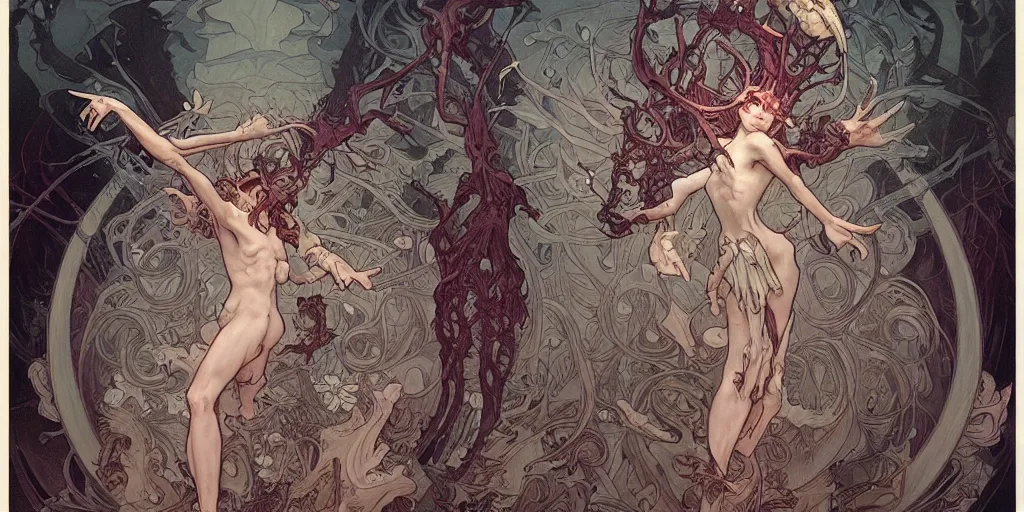 Image similar to epic concept illustration of a fungus demon, by james jean, by artgerm and greg rutkowski and alphonse mucha. uhd, amazing depth, cinematic lighting, glossy wet levitating floating fungus god with arms outstretched.