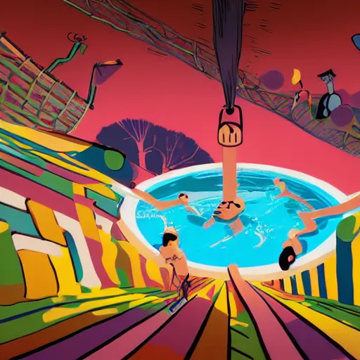 Image similar to colorful digital art, sony animation, mcbess illustration, a portal to another world, opened in the middle of a swimming pool