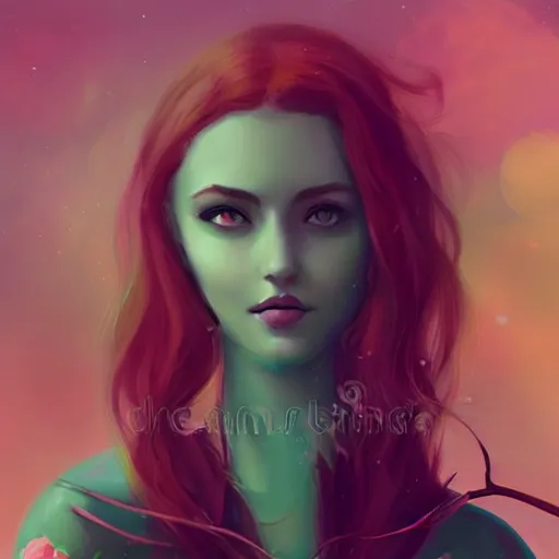 Image similar to a beautiful stunning fantasy whimsical matte digital portrait illustration of a pretty womam with bright green eyes and red hair with her green pet bird, in the style of Ross Tran, trending on artstation, contest winner