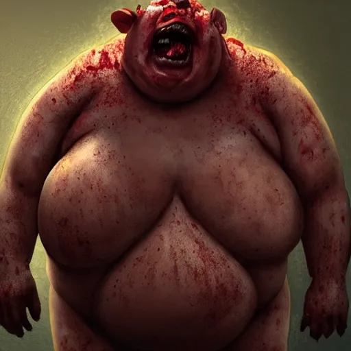 Image similar to an obese rotting humanoid corpse holding a meathook and grinning, high detail, trending on artstation