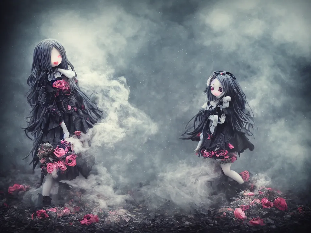 Image similar to cute fumo plush of a gothic maiden girl clutching lots of decayed roses, stale twilight, swirling vortices of emissive smoke and volumetric fog over the river, bokeh, vignette, vray