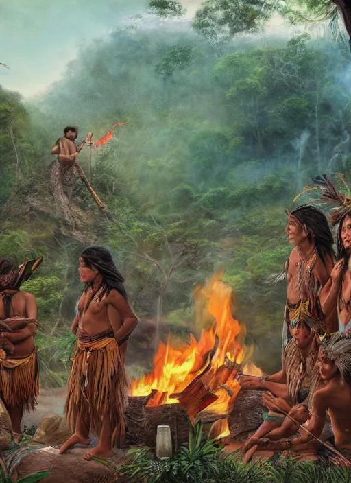 Prompt: a beautiful matte painting of an indigenous tribe around a fire in the jungle,