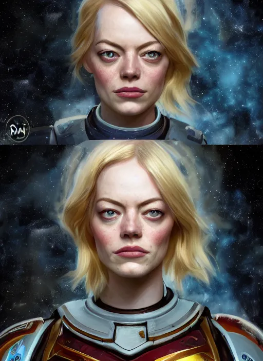 Image similar to cosmic portrait of emma stone as a space marine, apocalypse, naturel, hyper detailed, digital art, trending in artstation, cinematic lighting, studio quality, smooth render, unreal engine 5 rendered, octane rendered, art style by klimt and nixeu and ian sprigger and wlop and krenz cushart.