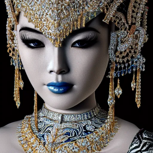 Prompt: portrait of wonderful asian princess of white diamond with fair skin, ornate with white diamonds, 8 k, gorgeous, intricate, detailed, glowing white accent lighting, dramatic lighting, octane render