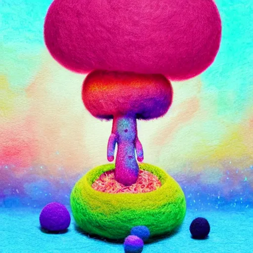 Prompt: a black girl with a colorful afro and big beautiful eyes meditating in a rainbow magic mushroom zen garden, bokeh, bright colors, synthwave, watercolor, volumetric wool felting, felt, macro photography, children illustration, by goro fujita