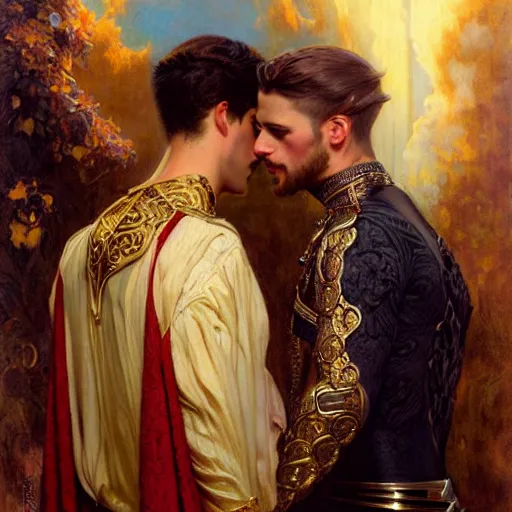 Image similar to attractive fully clothed king confesses his love for his attractive fully clothed male prince. highly detailed painting by gaston bussiere, tom bagshaw, j. c. leyendecker