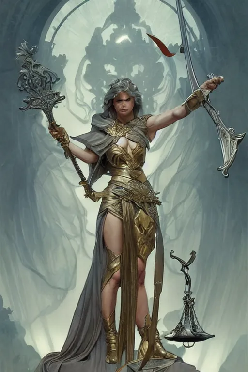 Image similar to blind lady justice holding scale and sword, fantasy, intricate, elegant, highly detailed, digital painting, artstation, concept art, matte, sharp focus, illustration, art by artgerm and greg rutkowski and alphonse mucha