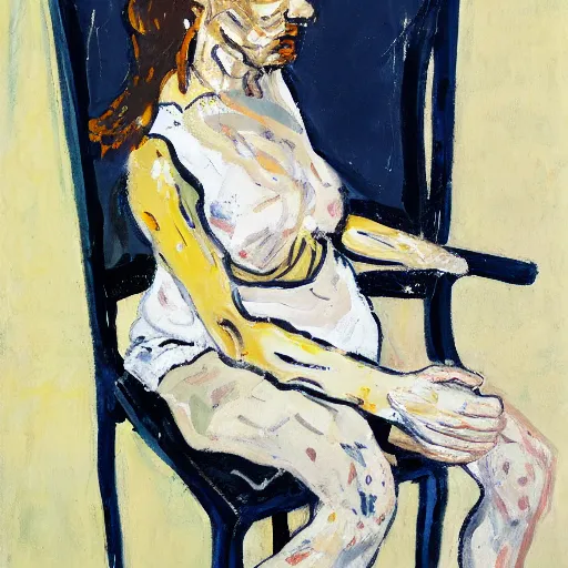 Prompt: painting of a woman sitting on a chair, staring at you, by georg baselitz