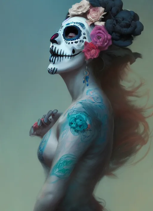 Image similar to portrait of dia de muertos, extremely detailed digital painting, in the style of fenghua zhong and ruan jia and jeremy lipking and peter mohrbacher, mystical colors, rim light, beautiful lighting, 8 k, stunning scene, raytracing, octane, trending on artstation