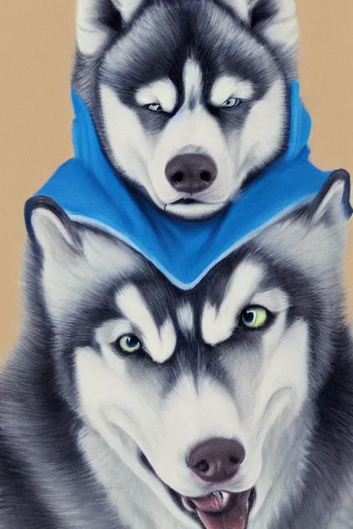 Image similar to a character design of a husky athlete in blue vest, portrait painting, anime, humanoid, anthropomorphic, personify, furry