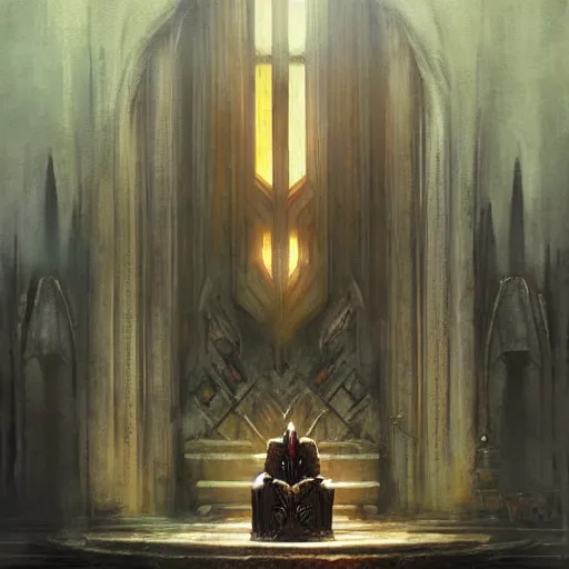 Image similar to Sauron resting in his throne, throne room, oil painting, by Greg Rutkowski