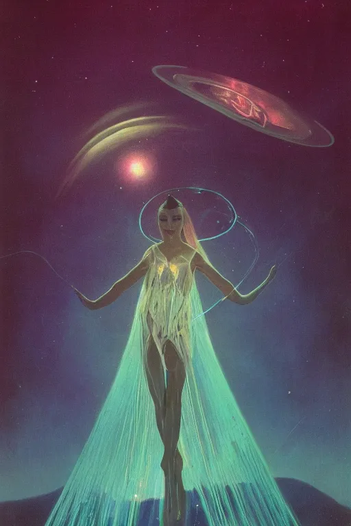 Image similar to ariana grande, art by bruce pennington, trending on artstation, bioluminescence closeup view illustrator, american romanticism, very very elegant, 4 k hd, bauhaus