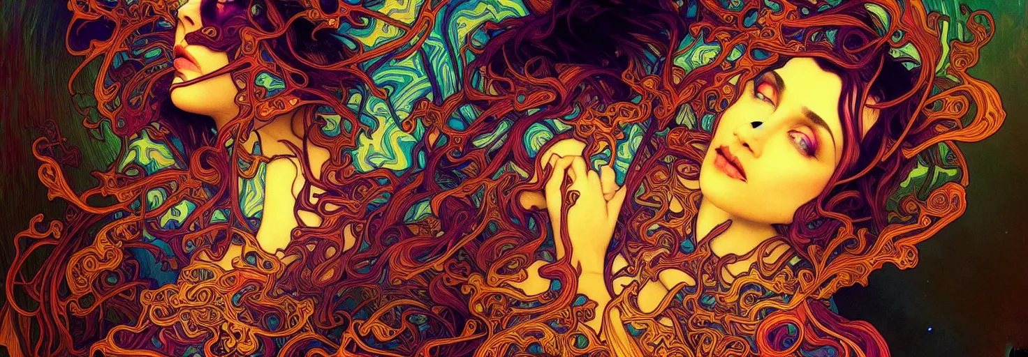 Image similar to An extremely psychedelic experience, colorful, surreal, dramatic lighting, psilocybin, LSD, centered, face, detailed, intricate, elegant, highly detailed, digital painting, artstation, concept art, smooth, sharp focus, illustration, art by Stephan Duquesnoy, Krenz Cushart and Artem Demura and alphonse mucha