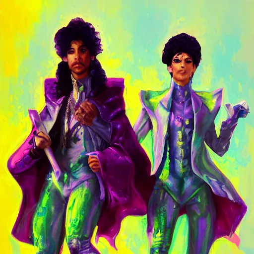 Image similar to a messy painting of Prince. Jealousy. Twin sisters. Trending on ArtStation