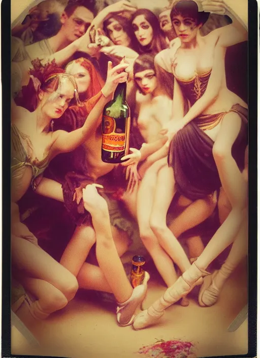 Prompt: polaroid by mucha, selfie, influencer, diaphanous, fashion, octoberfest, render, octane, detailed, award winning photography, masterpiece, of group of people very drunk dancing chaotic and giant like slowmotion nuclear exploding beer bottle in the middle,, dark backround, highly detailed, smooth, sharp focus, intricate,