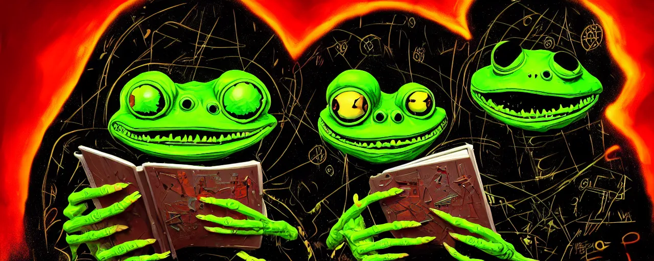 Prompt: dark scifi illustration 3 / 4 portrait of pepe the reaper frog reading necronomicon. cinematic lighting mad scientist style. golden ratio accidental renaissance. in the style of jean michel basquiat and dave mckean. graffiti art, scifi, fantasy, hyper detailed. octane render. concept art. trending on artstation