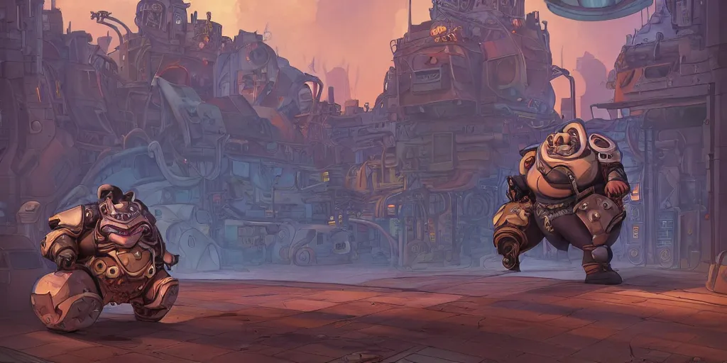 Image similar to roadhog from overwatch in style of the 1 9 9 0 disney cartoon, cinematic shot, octane render dieselpunk style, steampunk, art by jean giraud and moebius ; architecture by francois schuiten, illustration, drawing, painting, clean lines, digital art, symmetric, retrofutur, detailed, artstation