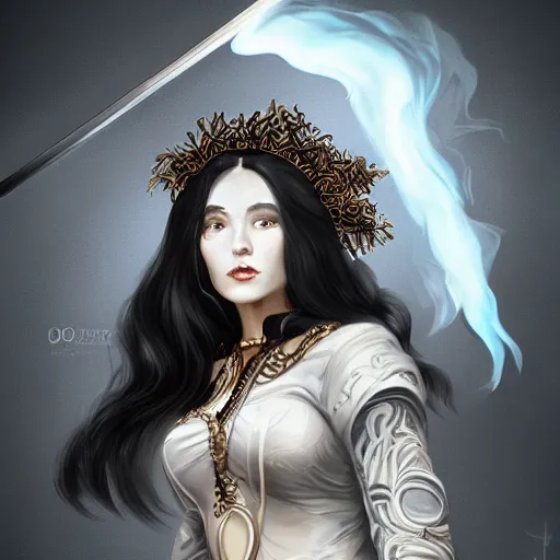 Image similar to portrait, woman with black hair called the lady of ash wielding a sword, elegant, illustration, fire magic, detailed, intricate, sharp focus, digital painting