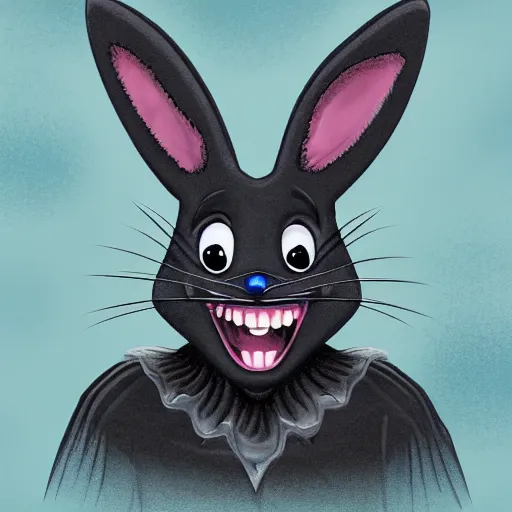 Image similar to A extremely highly detailed majestic hi-res beautiful, highly detailed head and shoulders portrait of a scary terrifying, horrifying, creepy black cartoon rabbit with scary big eyes, earing a shirt laughing, hey buddy, let's be friends, in the art style of Walt Disney