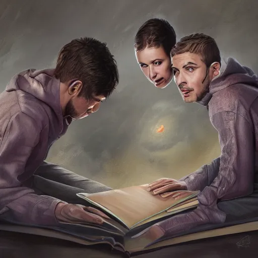 Image similar to a realistic painting of three male and one female characters emerging from inside a book, trending on artstation, detailed digital art