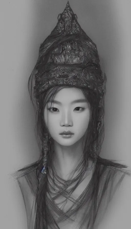 Image similar to model yoon young as the high priestess, by wangjie li, black and white graphite drawing, smooth render, 3 / 4 view