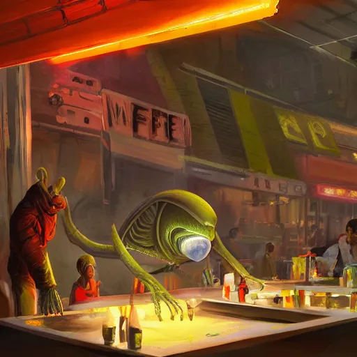 Prompt: alien market with alien vendors and shops, concept art, cinematic lighting, digital painting, artstation, cgsociety, Wayne Haag